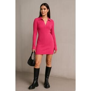 Helmut Lang Hot Pink Ribbed Knit Collared Mini Dress M Long Sleeve Bodycon Sexy